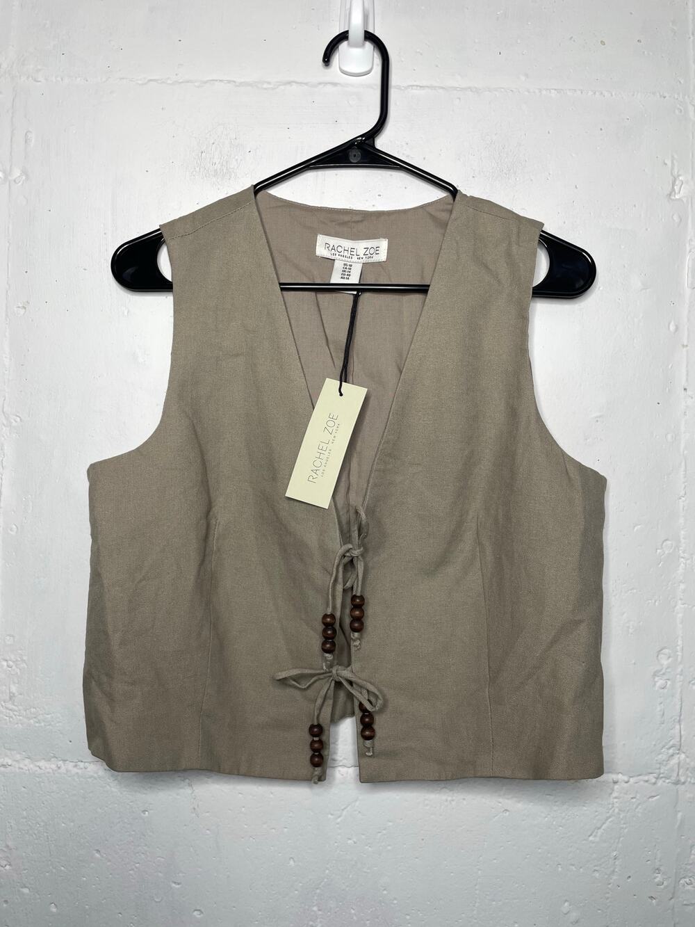 NEW Rachel Zoe Linen Front Tie Vest Tan Beige Beaded Ties Size 10